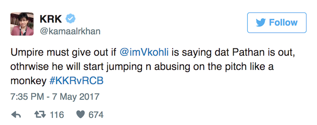 KRK tweet for Virat Kohli