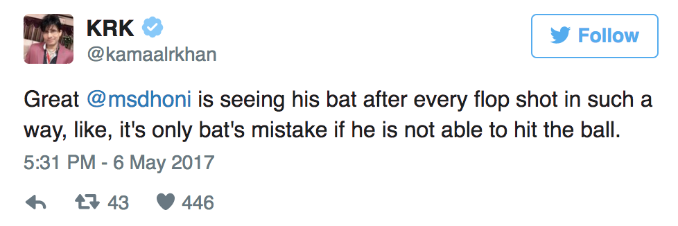 Twitter tweet for MS Dhoni