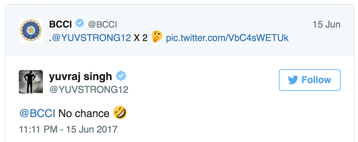 Yuvraj Singh reply to BCCI tweet