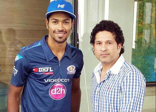 Hardik Pandya with Sachin Tendulkar