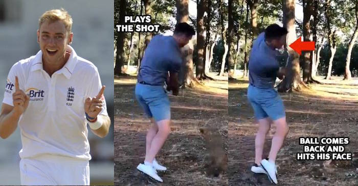 Stuart Broad in splits after Jimmy Anderson hits himself in face with golf ball