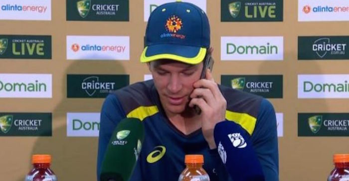 Tim Paine answers a reporter’s phone call at press conference in hilarious exchange