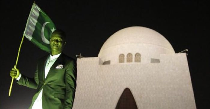 West Indies’ veteran Darren Sammy reacts after being honored with Pakistan’s civilian award