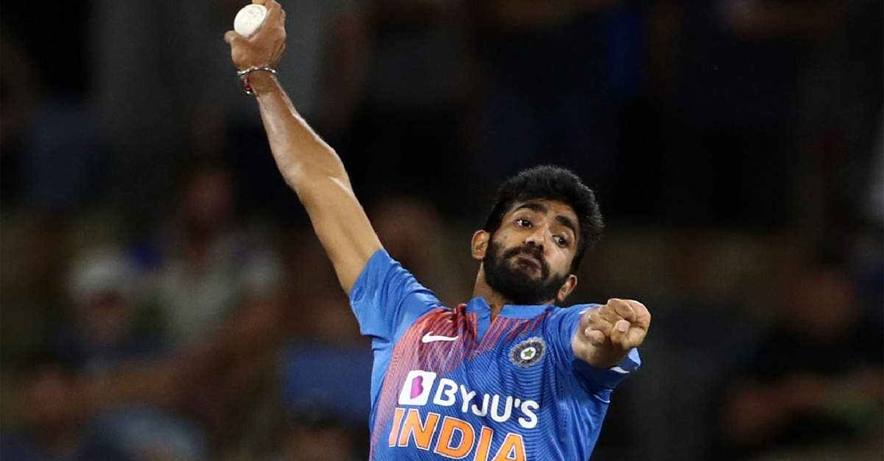 Jasprit Bumrah reacts to a video about his unusual bowling action
