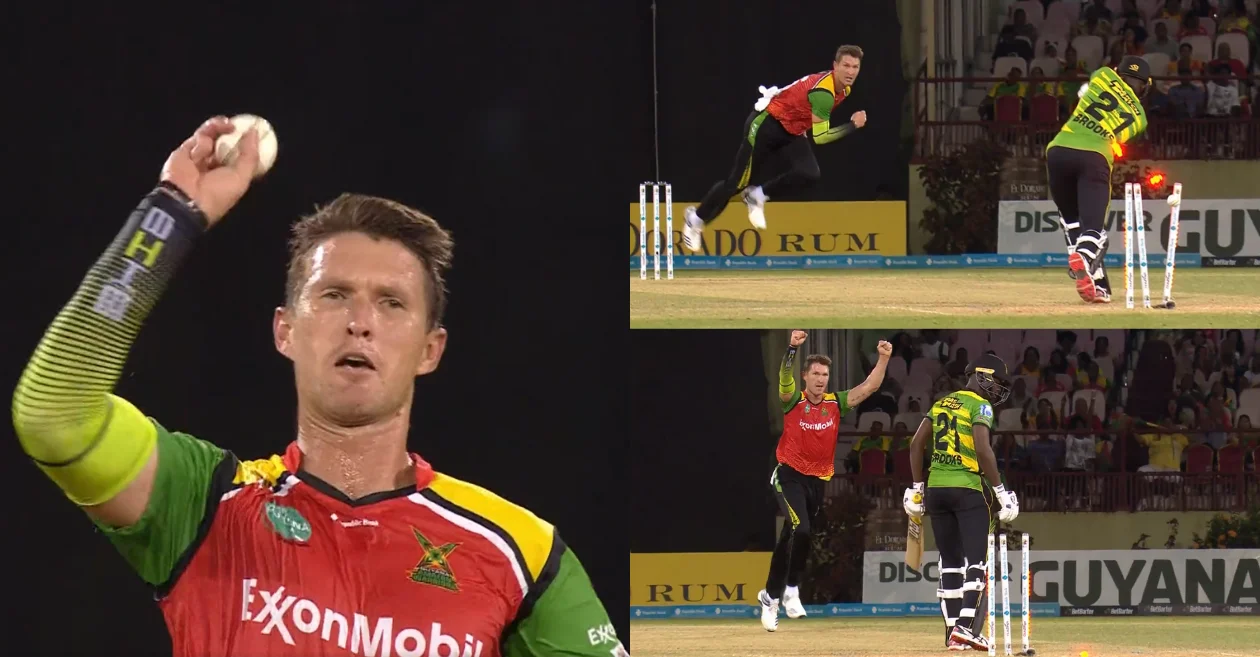 WATCH: Dwaine Pretorius cleans up Shamarh Brooks with an absolute jaffa in Qualifier 2 of CPL 2023