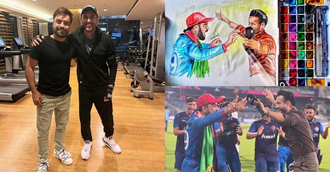World Cup 2023: Rashid Khan meets Bollywood actor Kartik Aaryan; Irfan Pathan shares beautiful artwork featuring him and Afghan spinner