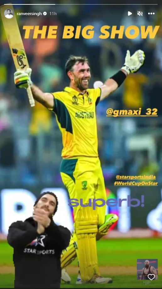 Ranveer Singh's Instagram story for Glenn Maxwell