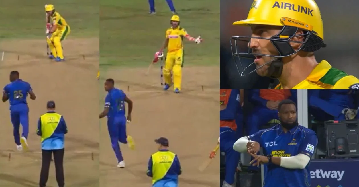WATCH: Faf du Plessis fumes at Kieron Pollards time-wasting tactics during JSK vs MICT clash in SA20 2024