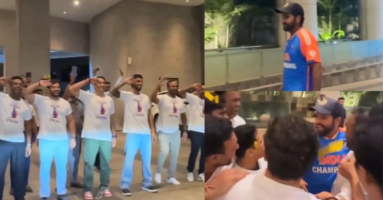 WATCH: Rohit Sharma receives grand salute from his childhood friends and MI teammate Tilak Varma upon homecoming