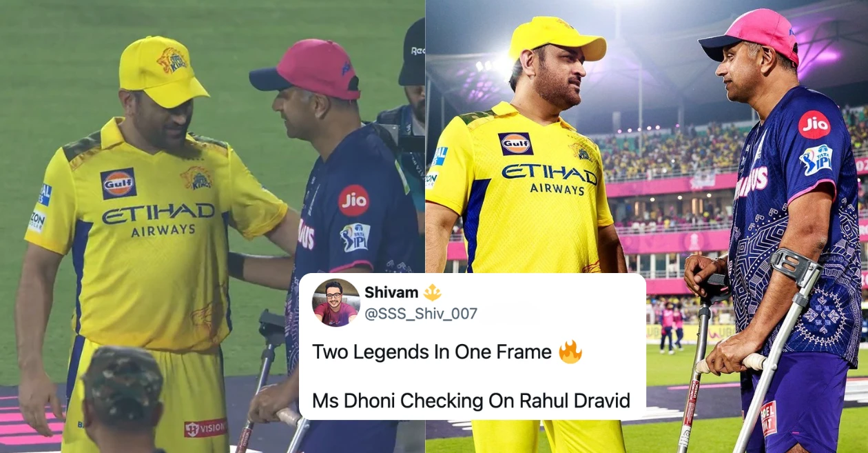 IPL 2025: Fans erupt with excitement as CSK star MS Dhoni checks on injured RR coach Rahul Dravid after a thrilling match in Guwahati