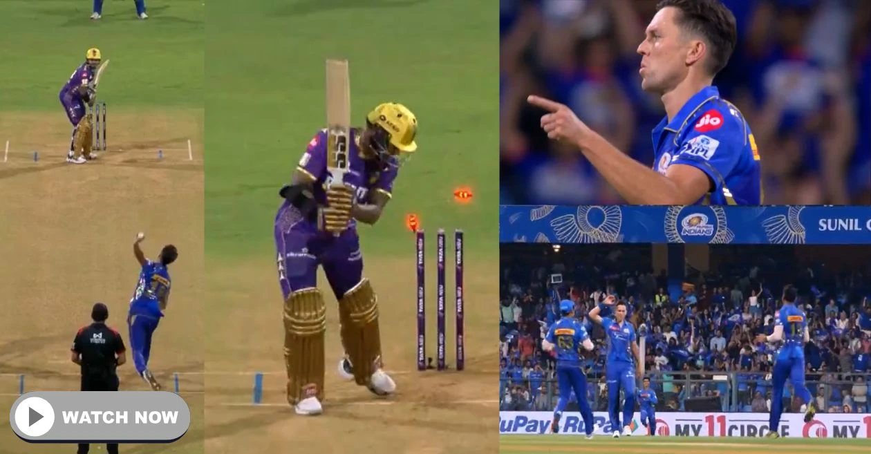 WATCH: Trent Boult strikes early to dismiss Sunil Narine with an out swinging yorker during MI vs KKR game in IPL 2025