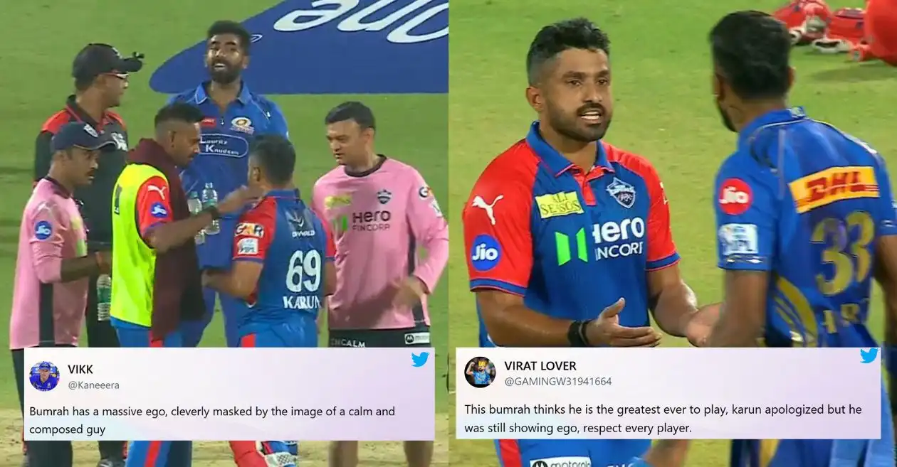 IPL 2025: Fans brutally troll Jasprit Bumrah for indulging in a heated exchange with Karun Nair in DC vs MI game