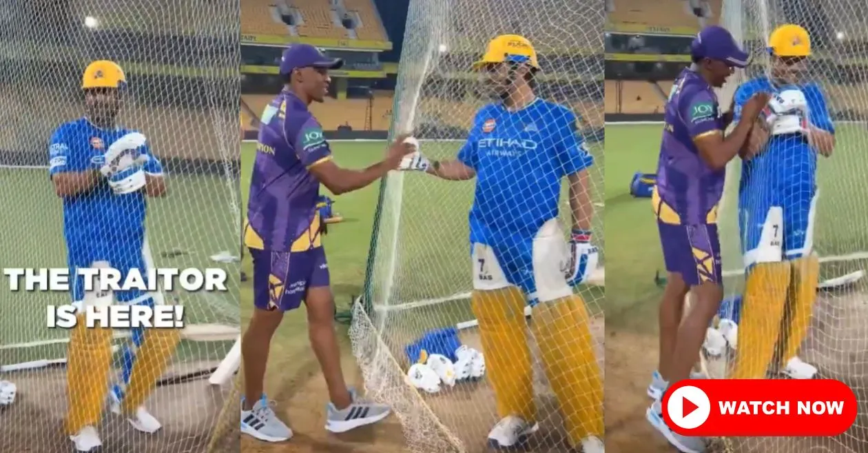 WATCH: MS Dhoni playfully calls Dwayne Bravo a “traitor” ahead of the CSK vs KKR clash in IPL 2025