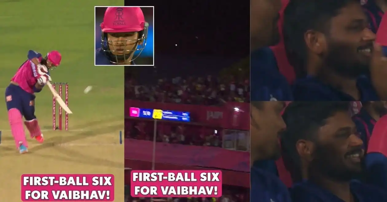 WATCH: Sanju Samson reacts astonishingly as Vaibhav Suryavanshi hits his first ball for a six in IPL 2025