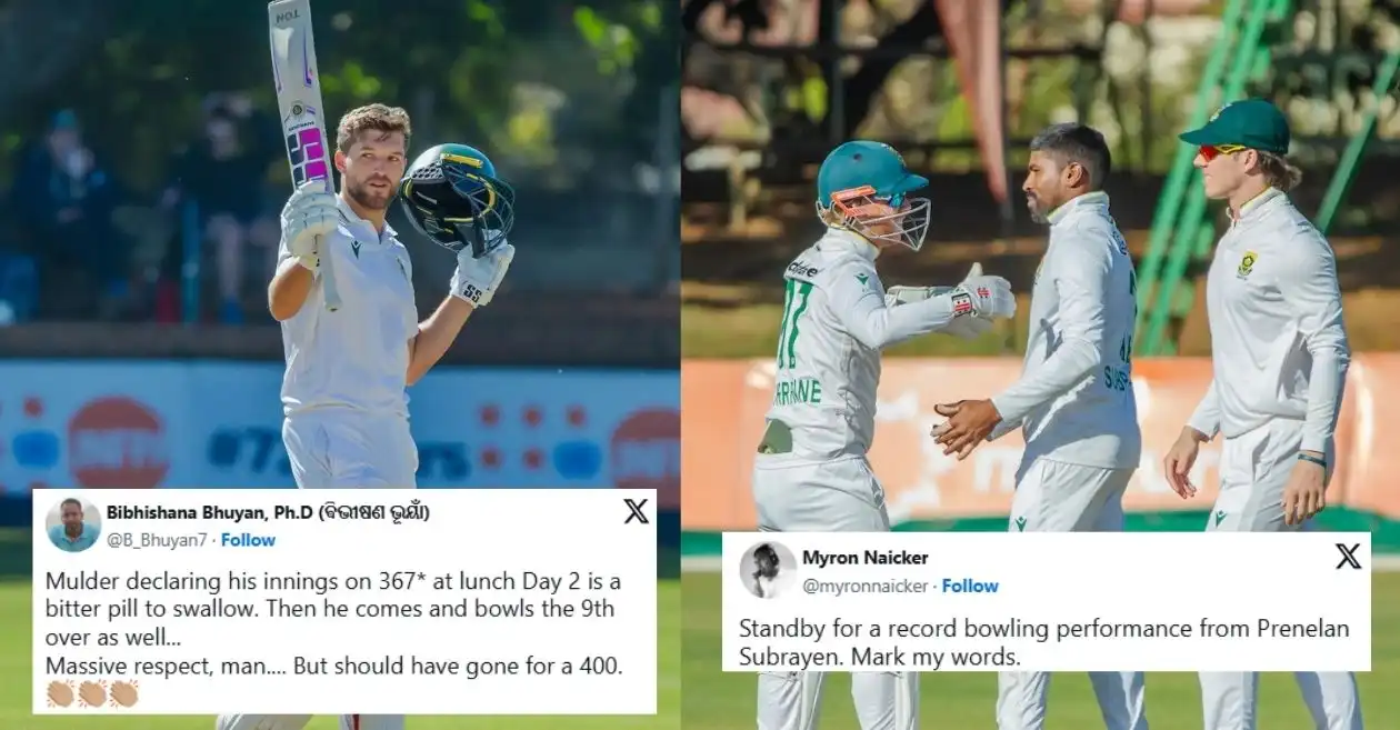 Fans erupt as Wiaan Mulder’s 367* and Prenelan Subrayen’s 4-fer put South Africa in command on Day 2 of second Test against Zimbabwe