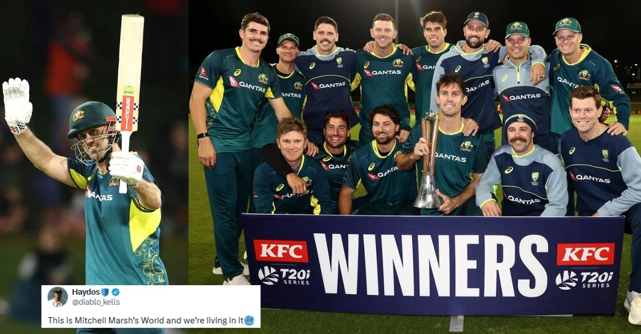 Fans erupt as Mitchell Marsh’s maiden T20I century guides Australia to a series win in the decider against New Zealand