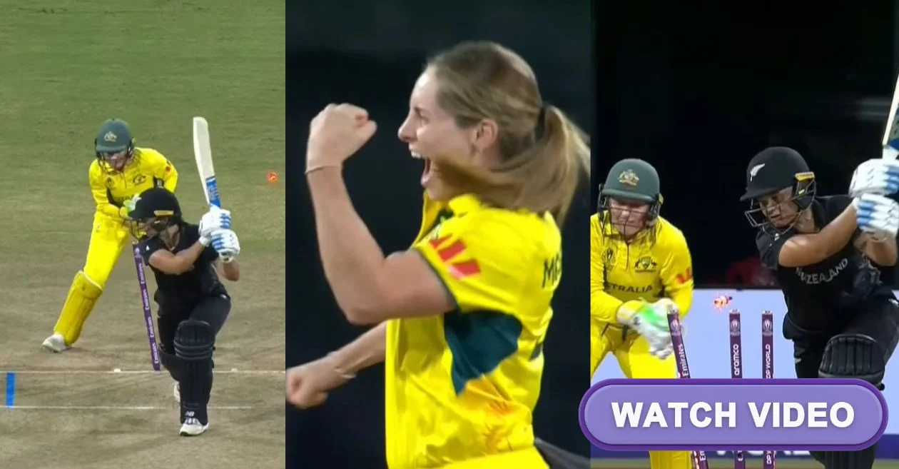 WATCH: Sophie Molineux roar in delight after shattering Suzie Bates’ stumps for her first-ever World Cup wicket | AUS-W vs NZ-W