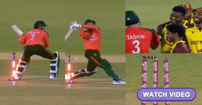 WATCH: Taskin Ahmed’s mighty ‘six’ turns into a bizarre ‘hit wicket’ during BAN vs WI 1st T20I