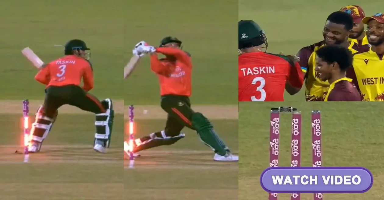WATCH: Taskin Ahmed’s mighty ‘six’ turns into a bizarre ‘hit wicket’ during BAN vs WI 1st T20I