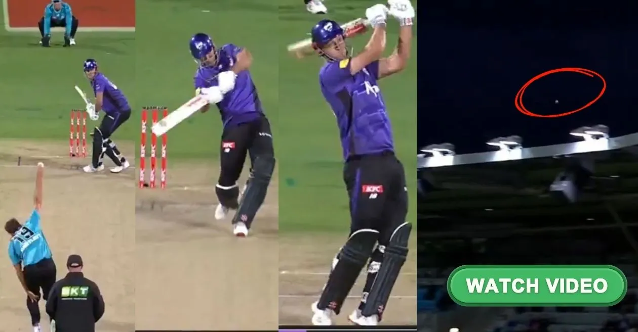 WATCH: Beau Webster launches a colossal 105 meter six as Brisbane Heat sneak past Hobart Hurricanes in BBL|15
