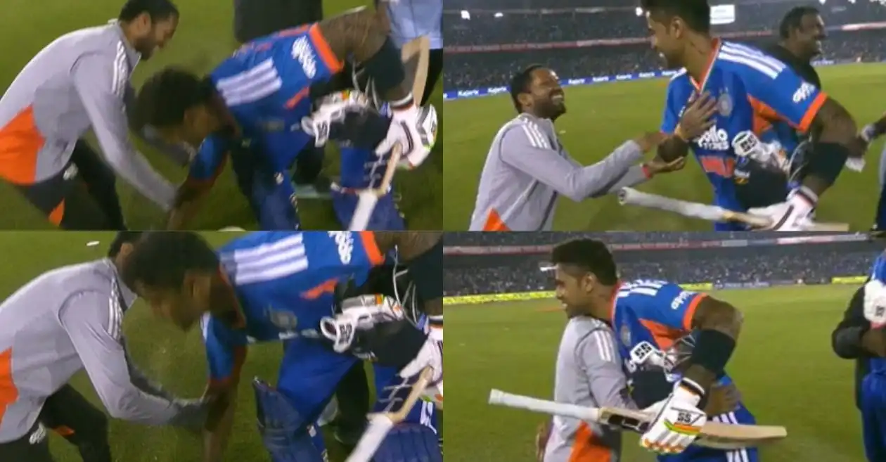 WATCH: Suryakumar Yadav’s heartfelt gesture of touching throwdown specialist Raghu’s feet goes viral