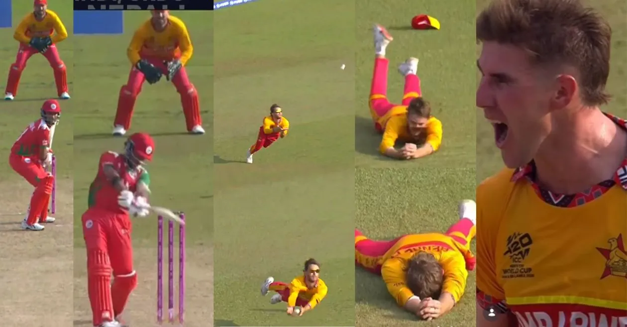 T20 World Cup 2026 [WATCH]: Flying Brian Bennett plucks a screamer to send Nadeem Khan packing in ZIM vs OMA match