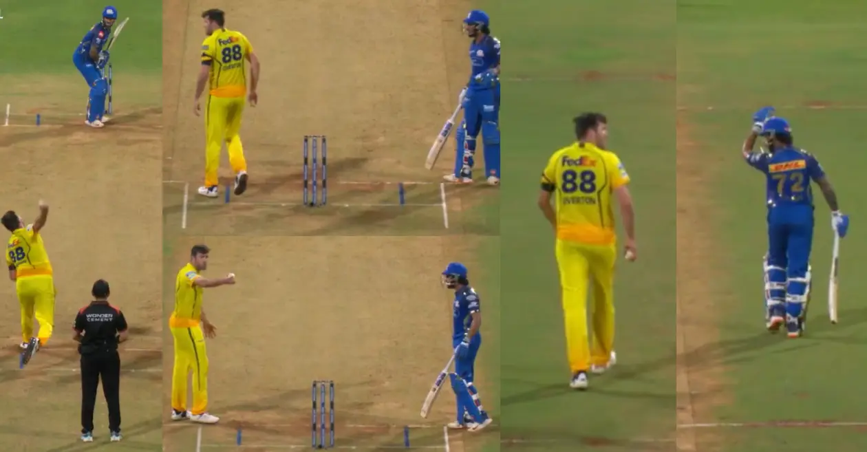 IPL 2026 [WATCH]: Tilak Varma and Jamie Overton engage in a fiery on-field clash during MI vs CSK encounter